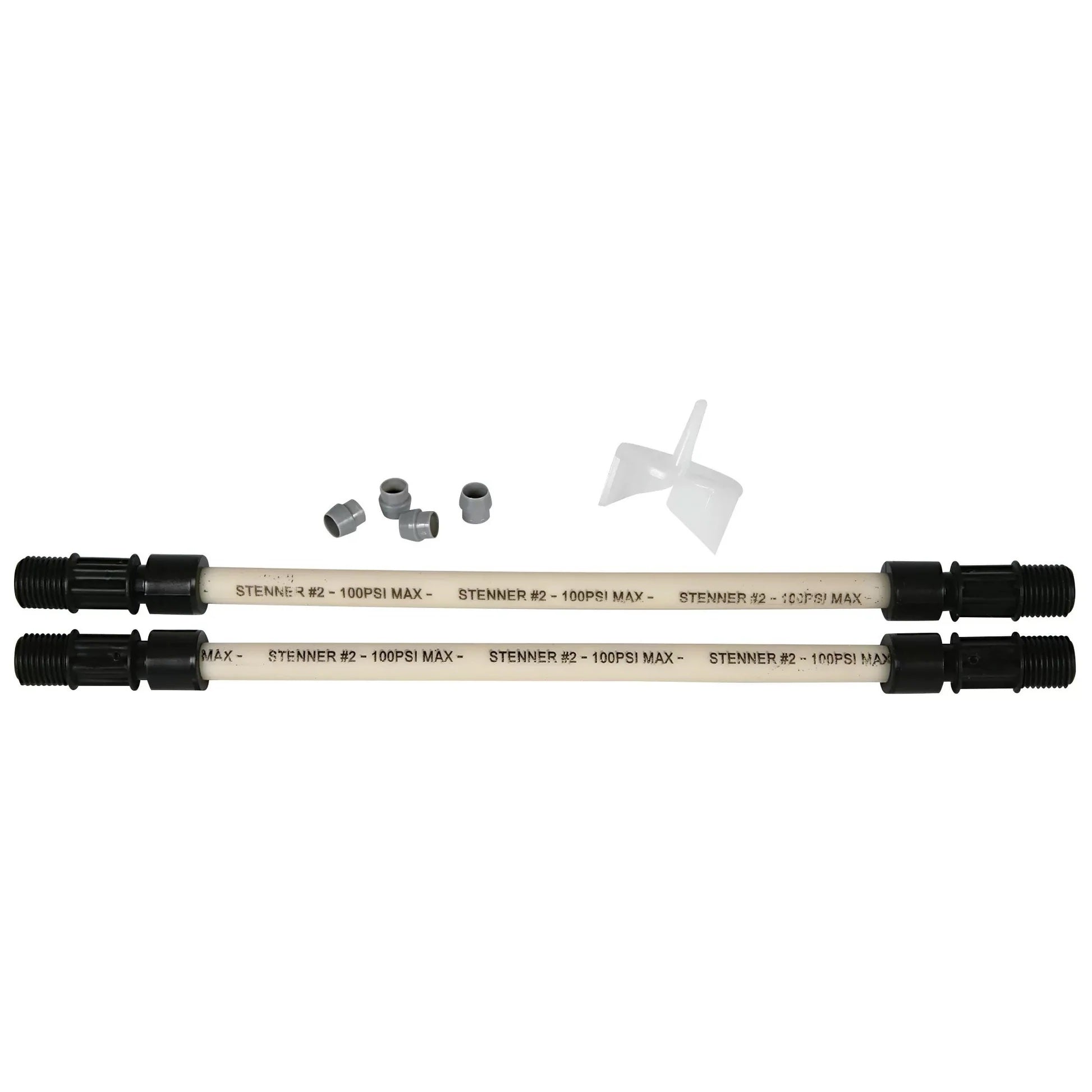 Two plastic pipes with connectors and fittings