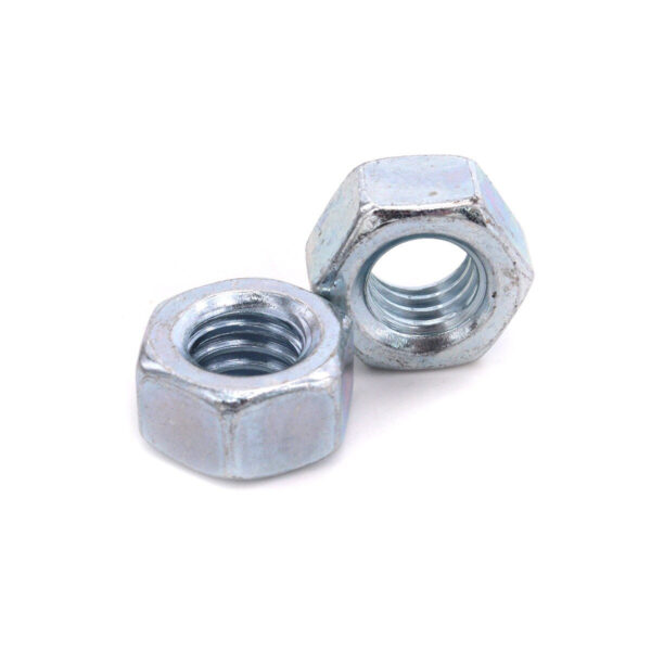 Two metallic hex nuts stacked together