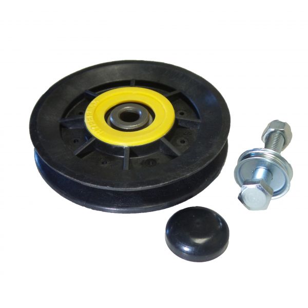 Black wheel with yellow center and hardware