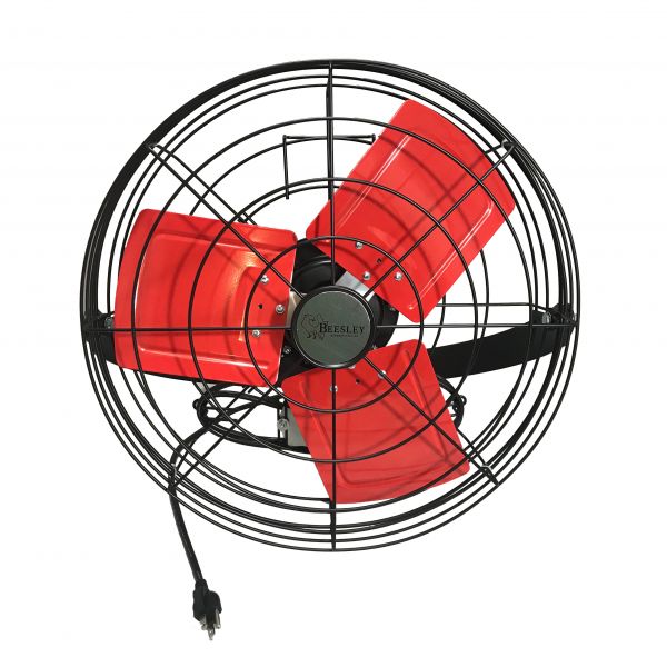 Red industrial fan with black frame