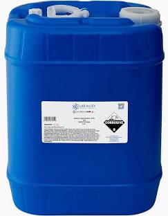 Blue chemical storage container with label