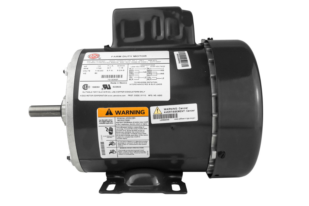 Black industrial electric motor with labels