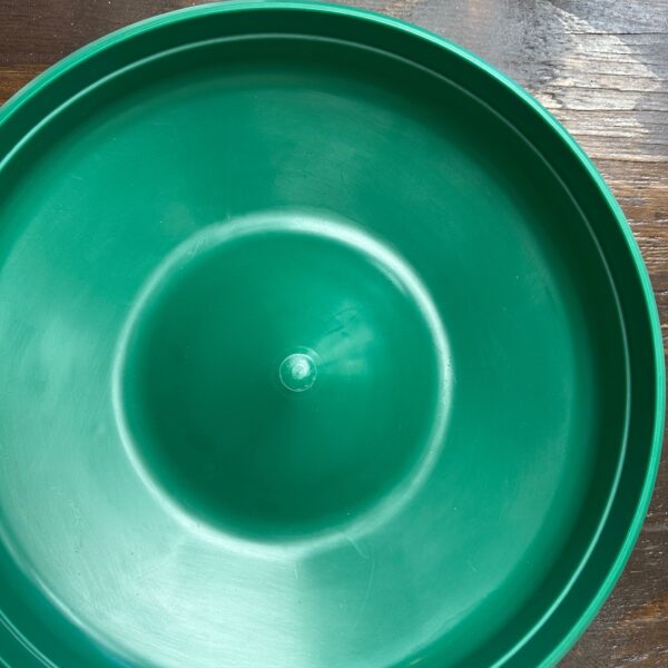 Green plastic bowl on wooden table