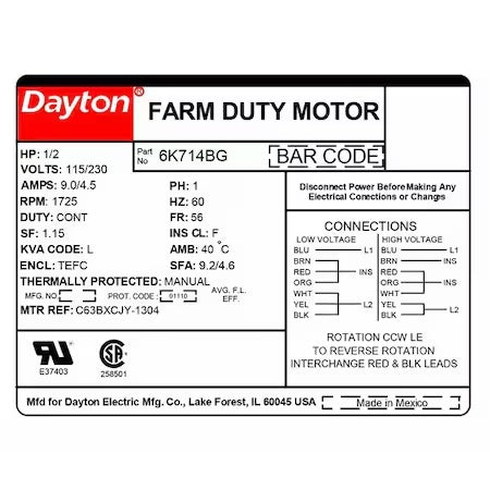 Dayton farm duty motor specifications label