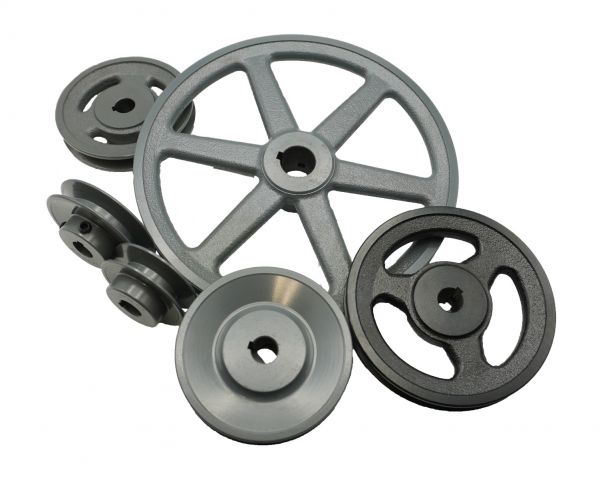 Various metallic pulleys and wheels