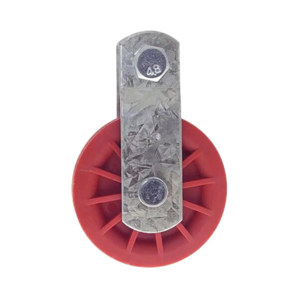 Red pulley with metal attachment.