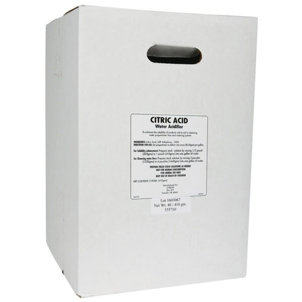 White box containing citric acid powder