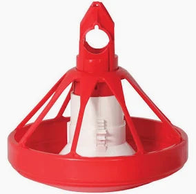 Red plastic poultry feeder design