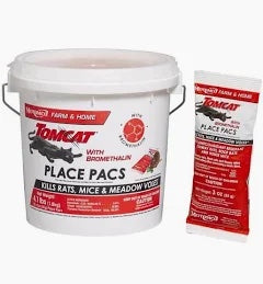 Rodent bait container and packet.