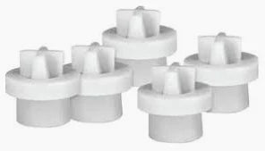 Five white plastic caps stacked together.