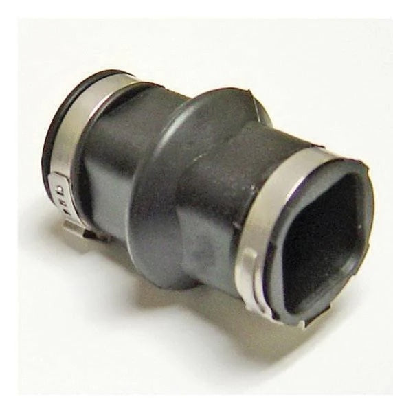 Black plastic connector with metal clamps