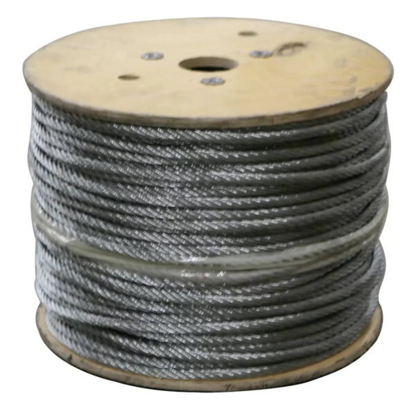 Coiled silver cable on wooden spool