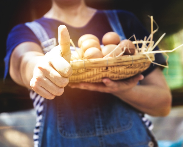 Farmer giving thumbs up with eggs.