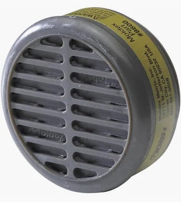 Gray respirator filter with label