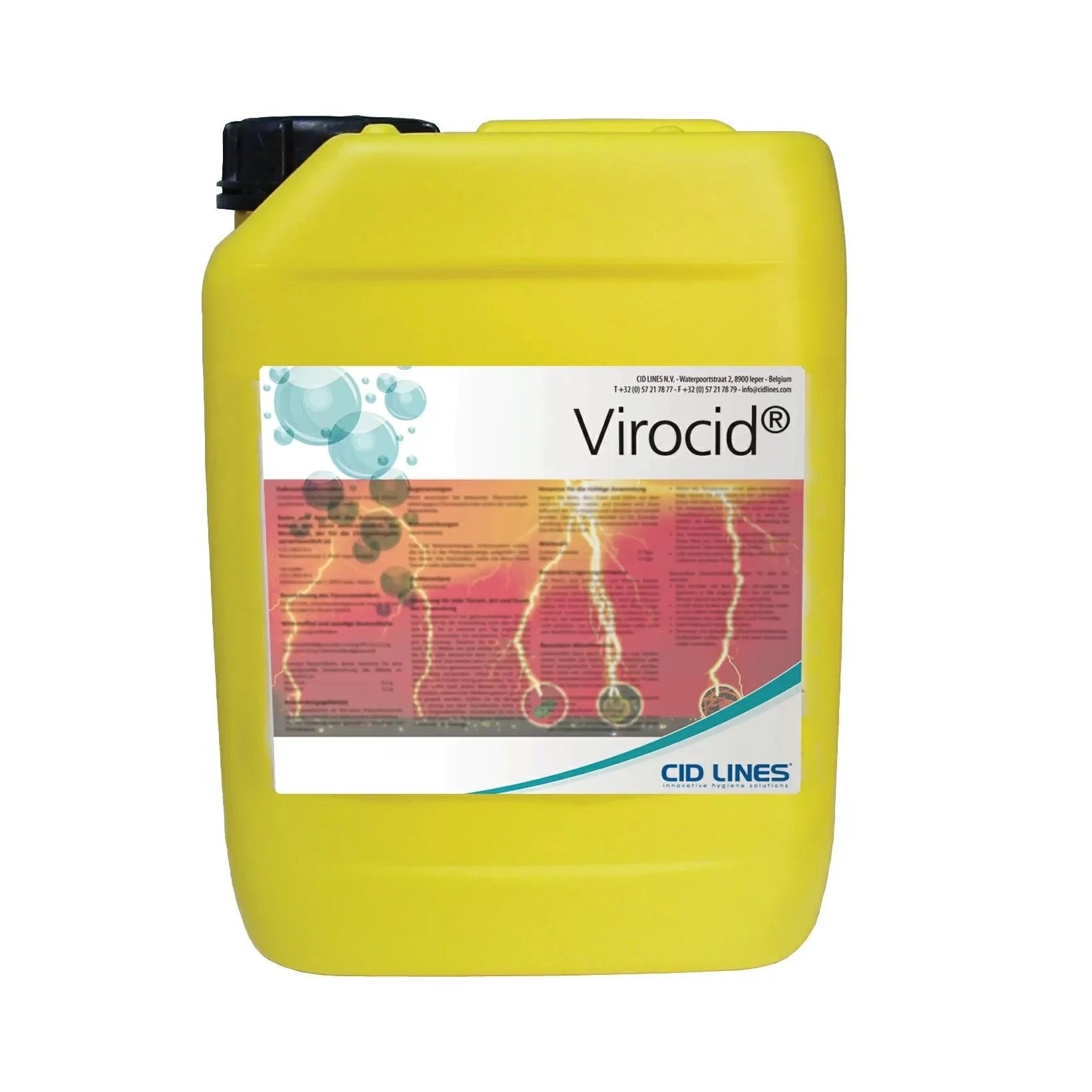 Yellow container labeled Virocid disinfectant