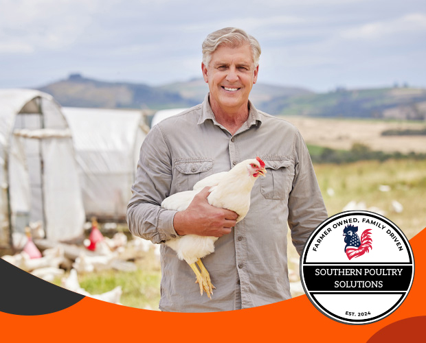 Man holding chicken on farm.