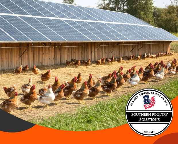 Chickens under solar panels on farm